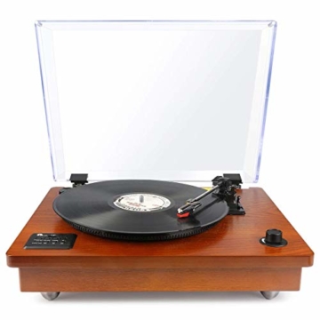 1 BY ONE Schallplattenspieler Riemengetriebener Wireless Plattenspieler mit Eingebautem Lautsprechern und Vinyl to MP3 Funktion, im Klassischem Design, Naturholz - 1