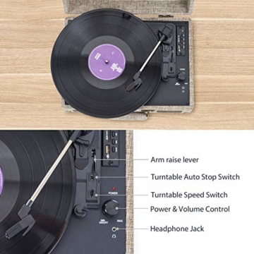 ammoon Plattenspieler Vinyl-Schallplattenspieler 3 Gang, mit 2 Stereo-Lautsprechern, Unterstützt Bluetooth, RCA-Ausgang, 3,5 mm Aux-In, Kopfhöreranschluss, SD-Eingang mit Zwei Plattenspieler Nadel - 5