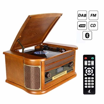 Plattenspieler 7-in-1 Vinyl Turntable de dl Record Player Vintage Holz mit Bluetooth, UKW-Radio, Integrierte Stereo-Lautsprecher, CD/MP3/Cassette Spielen,/USB Play & Encoding (DL-189BD-99) - 1